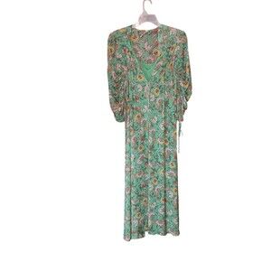 Free People Maxi Dress Womens Green Earthfolk Ruched Sleeve Gorgette Sheer Med